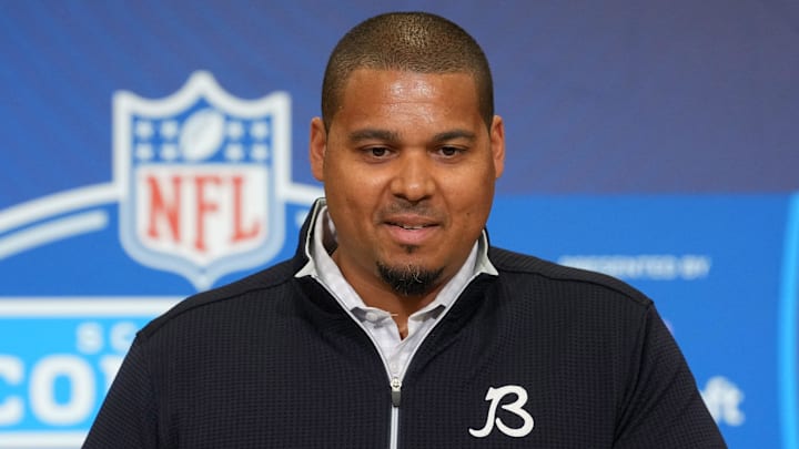 Feb 24, 2026; Indianapolis, IN, USA; Chicago Bears general manager Ryan Poles speaks at the NFL Scouting Combine at the Indiana Convention Center. Mandatory Credit: Kirby Lee-Imagn Images