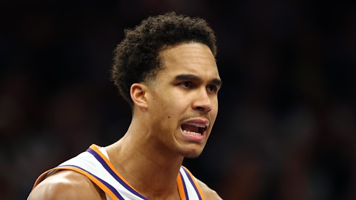 Jan 29, 2026; Phoenix, Arizona, USA; Phoenix Suns forward Oso Ighodaro (11) against the Detroit Pistons at Mortgage Matchup Center. Mandatory Credit: Mark J. Rebilas-Imagn Images

