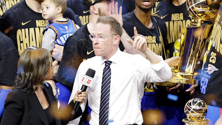 Jun 22, 2025; Oklahoma City, Oklahoma, USA; Oklahoma City Thunder general manager Sam Presti is interviewed after Game 7 of the 2025 NBA Finals against the Indiana Pacers at Paycom Center. Mandatory Credit: Alonzo Adams-Imagn Images