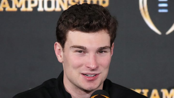 Jan 20, 2026; Miami, FL, USA; Indiana Hoosiers quarterback Fernando Mendoza during the CFP Champions press conference at Marriott Marquis Miami. Mandatory Credit: Kirby Lee-Imagn Images