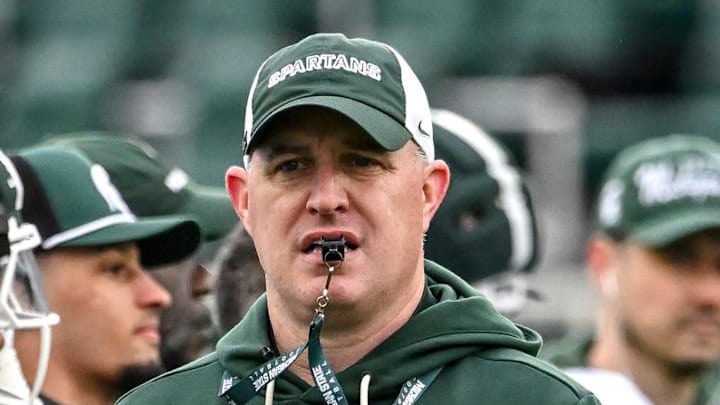 Michigan State's head coach Pat Fitzgerald looks on during the football Spring Showcase on Saturday, April 18, 2026, at Spartan Stadium in East Lansing.