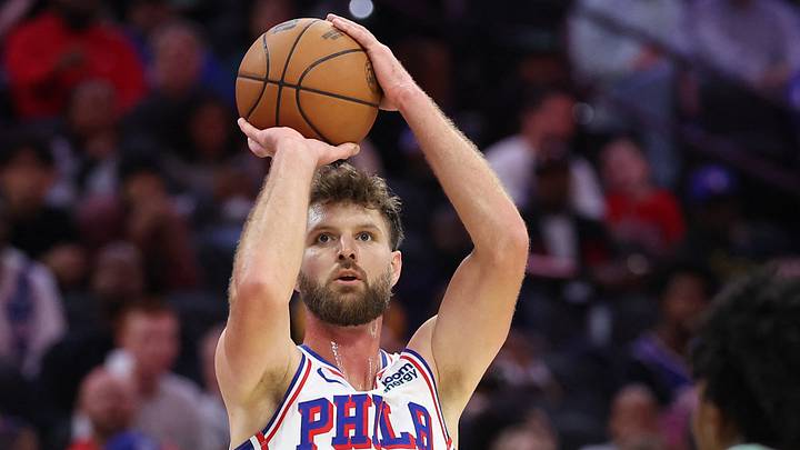 Oct 16, 2026; Philadelphia, Pennsylvania, USA; Philadelphia 76ers forward Dean Wade (45) shoots against the Boston Celtics during the second quarter at Xfinity Mobile Arena. 
