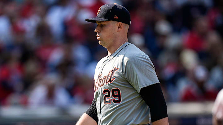 Detroit Tigers pitcher Tarik Skubal (29) walks off the field after pitching the first inning against Cleveland Guardians at Game 5 of ALDS at Progressive Field in Cleveland, Ohio on Saturday, Oct. 12, 2024. Detroit Tigers pitcher Tarik Skubal (29) walks off the field after pitching the first inning against Cleveland Guardians at Game 5 of ALDS at Progressive Field in Cleveland, Ohio on Saturday, Oct. 12, 2024.