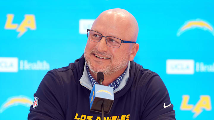 Jan 15, 2026; El Segundo, CA, USA; Los Angeles Chargers general manager Joe Hortiz at press conference at The Bolt. Mandatory Credit: Kirby Lee-Imagn Images