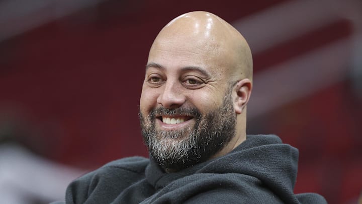 Dec 19, 2022; Houston, Texas, USA; against the Houston Rockets general manager Rafael Stone smiles before the game against the San Antonio Spurs at Toyota Center. Mandatory Credit: Troy Taormina-Imagn Images