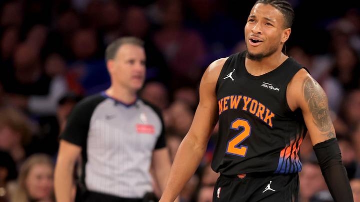 Jan 27, 2026; New York, New York, USA; New York Knicks guard Miles McBride (2) reacts during the second quarter against the Sacramento Kings at Madison Square Garden. Mandatory Credit: Brad Penner-Imagn Images