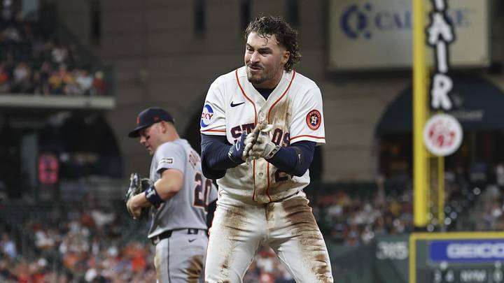 Jun 16, 2026; Houston, Texas, USA; Houston Astros third baseman Raynel Delgado (29) reacts after hitting an infield single during the fifth inning against the Detroit Tigers at Daikin Park. Mandatory Credit: Troy Taormina-Imagn Images