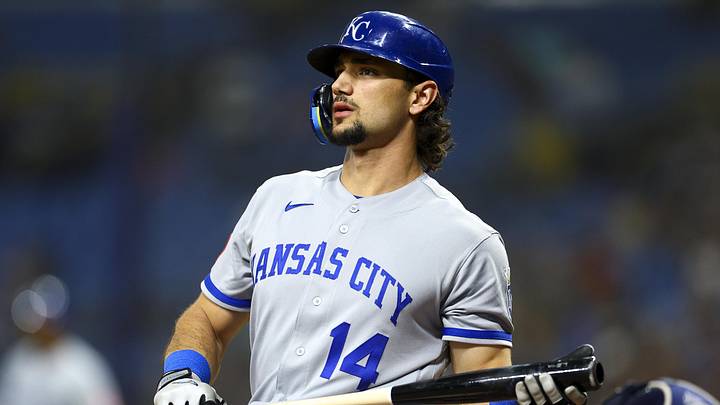 Jun 22, 2026; St. Petersburg, Florida, USA; Kansas City Royals first baseman Jac Caglianone (14) looks on against the Tampa Bay Rays in the eighth inning at Tropicana Field. Mandatory Credit: Nathan Ray Seebeck-Imagn Images