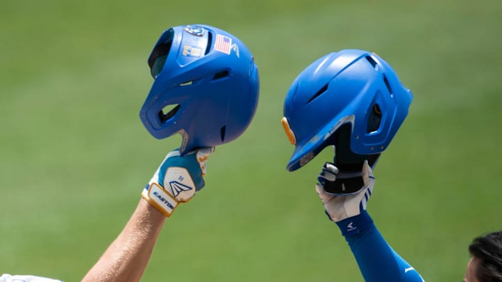 UCLA Bruins outfielder Carson Yates (18) celebrates after hitting a home run as Florida State Seminoles take on UCLA Bruins during the NCAA regional baseball tournament at Plainsman Park in Auburn, Ala., on Friday, June 3, 2022. UCLA Bruins outfielder Carson Yates (18) celebrates after hitting a home run as Florida State Seminoles take on UCLA Bruins during the NCAA regional baseball tournament at Plainsman Park in Auburn, Ala., on Friday, June 3, 2022.