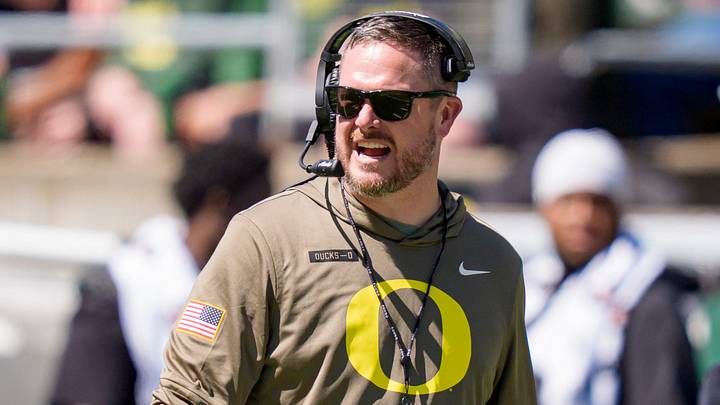Oregon head coach Dan Lanning walks the field during the Oregon Ducks annual spring game on April 25, 2026 at Autzen Stadium in Eugene, Oregon. Oregon head coach Dan Lanning walks the field during the Oregon Ducks annual spring game on April 25, 2026 at Autzen Stadium in Eugene, Oregon.