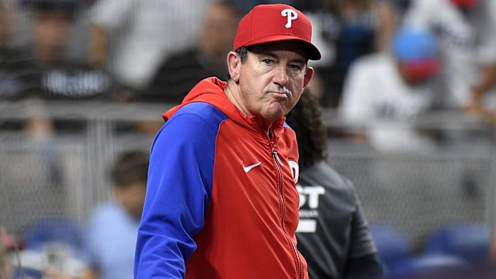 Philadelphia Phillies manager Rob Thomson (59) waits for his team to exit the field after beating the Miami Marlins at loanDepot Park.