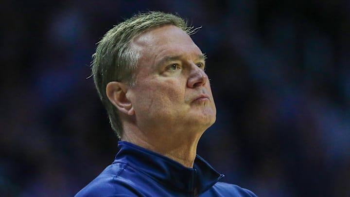 Feb 8, 2025; Manhattan, Kansas, USA; Kansas Jayhawks head coach Bill Self watches his team during the second half against the Kansas State Wildcats at Bramlage Coliseum. Mandatory Credit: Scott Sewell-Imagn Images