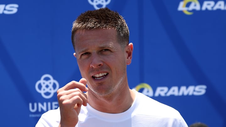 Jul 31, 2024; Los Angeles, CA, USA;  Los Angeles Rams offensive coordinator Mike LaFleur speaks to the media after training camp at Loyola Marymount University. Mandatory Credit: Kiyoshi Mio-Imagn Images
