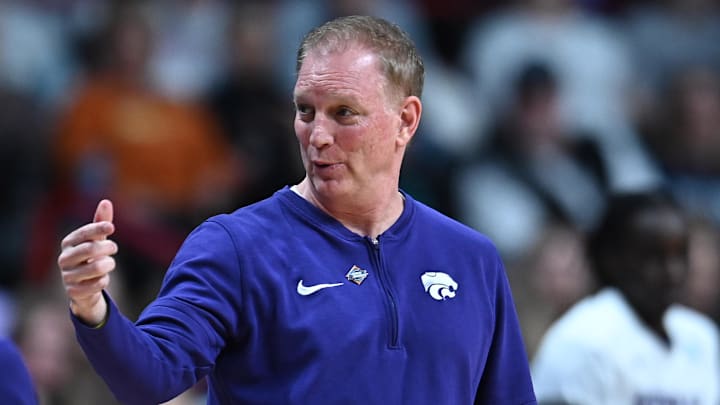 Kansas State Wildcats coach Jeff Mittie looks on against the USC Trojans during the second half of a Sweet 16 NCAA Tournament basketball game at Spokane Arena.
