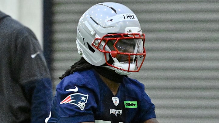 May 9, 2025; Foxborough, MA, USA; New England Patriots cornerback Jordan Polk (39)  practices during rookie camp at Gillette Stadium. Mandatory Credit: Eric Canha-Imagn Images