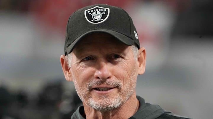 Dec 3, 2021; Las Vegas, NV, USA; Las Vegas Raiders general manager Mike Mayock reacts during the 2021 Pac-12 Championship Game at Allegiant Stadium. Mandatory Credit: Kirby Lee-Imagn Images