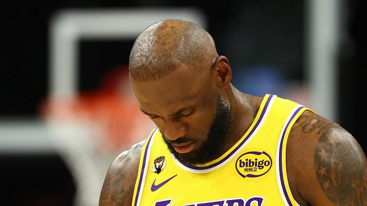 Feb 26, 2026; Phoenix, Arizona, USA; Los Angeles Lakers forward LeBron James (23) reacts against the Phoenix Suns at Mortgage Matchup Center. Mandatory Credit: Mark J. Rebilas-Imagn Images