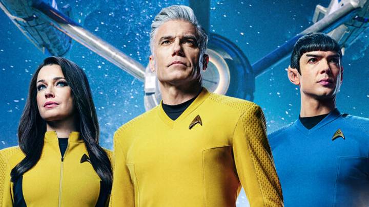 Key Art for Star Trek: Strange New Worlds Season 4, featuring Babs Olusanmokun as M’Benga, Melissa Navia as Ortegas, Jess Bush as Chapel, Rebecca Romijn as Una, Anson Mount as Captain Pike, Ethan Peck as Spock, Celia Rose Gooding as Uhura, Christina Chong as La’an and Paul Wesley as Kirk, streaming on Paramount+ 2026. Photo credit: Paramount+. Key Art for Star Trek: Strange New Worlds Season 4, featuring Babs Olusanmokun as M’Benga, Melissa Navia as Ortegas, Jess Bush as Chapel, Rebecca Romijn as Una, Anson Mount as Captain Pike, Ethan Peck as Spock, Celia Rose Gooding as Uhura, Christina Chong as La’an and Paul Wesley as Kirk, streaming on Paramount+ 2026. Photo credit: Paramount+.