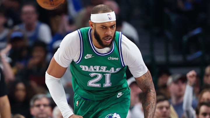 Jan 28, 2026; Dallas, Texas, USA; Dallas Mavericks forward Daniel Gafford (21) reacts after scoring during the first quarter against the Minnesota Timberwolves at American Airlines Center. Mandatory Credit: Kevin Jairaj-Imagn Images
