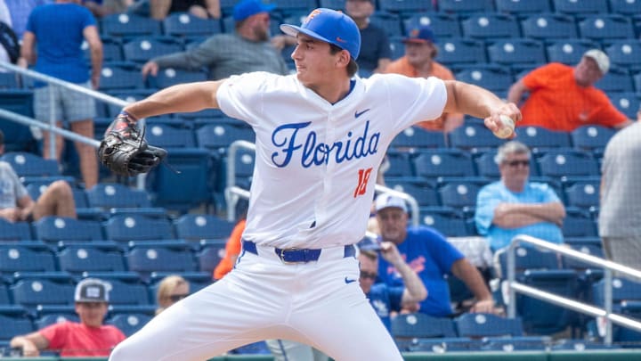Florida pitcher Pierce Coppola (18) was the starer for the Gators against Kentucky, Friday, May 10, 2024, at Condron Family Ballpark in Gainesville, Florida. The Gators lost 12-11 in extra innings. [Cyndi Chambers/ Gainesville Sun] 2024