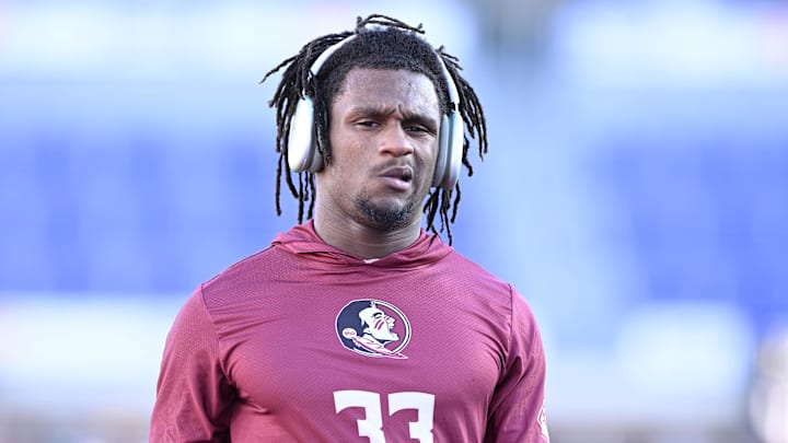 Sep 28, 2024; Dallas, Texas, USA; Florida State Seminoles defensive back Edwin Joseph (33) before the game between the Southern Methodist Mustangs and the Florida State Seminoles at Gerald J. Ford Stadium. Mandatory Credit: Jerome Miron-Imagn Images