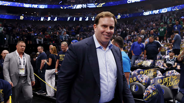 Jun 14, 2024; Dallas, Texas, USA; Dallas Mavericks owner Patrick Dumont walks onto the court before game four of the 2024 NBA Finals against the Boston Celtics at American Airlines Center. Mandatory Credit: Peter Casey-Imagn Images