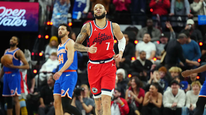 Mar 7, 2025; Inglewood, California, USA; LA Clippers guard Amir Coffey (7) reacts against the New York Knicks in the second half at Intuit Dome. Mandatory Credit: Kirby Lee-Imagn Images