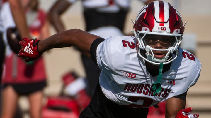 Indiana's Byron Baldwin Jr. (2) at Indiana University football practice on Tuesday, Aug. 5, 2025.