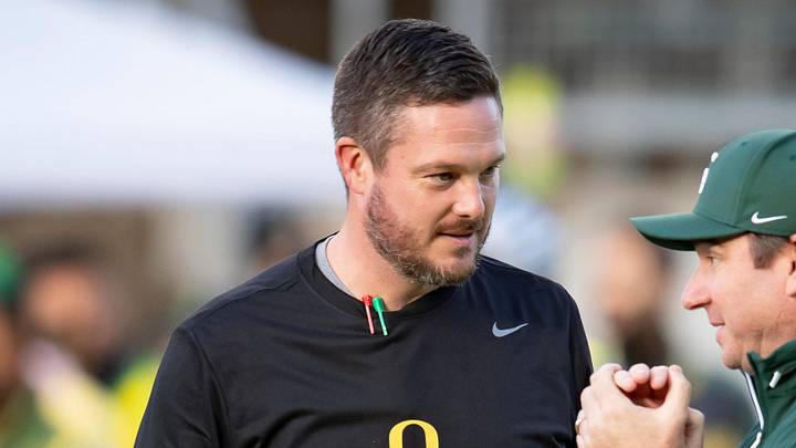 Oregon Ducks head coach Dan Lanning and Michigan State Spartans head coach Jonathan Smith talk before the game as the Ducks host the Spartans Friday, Oct. 4, 2024 at Autzen Stadium in Eugene, Ore. Oregon Ducks head coach Dan Lanning and Michigan State Spartans head coach Jonathan Smith talk before the game as the Ducks host the Spartans Friday, Oct. 4, 2024 at Autzen Stadium in Eugene, Ore.