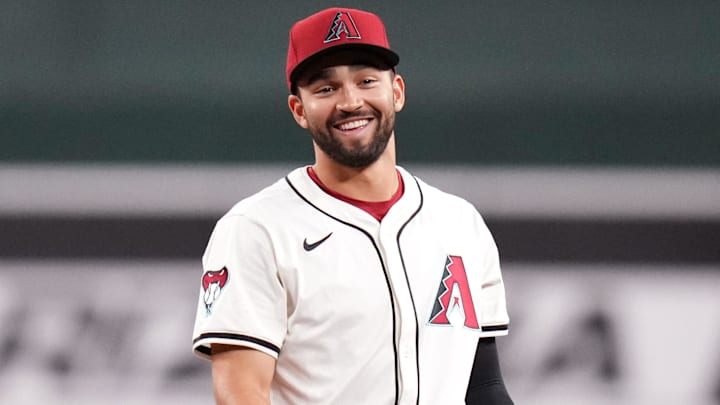Arizona Diamondbacks infielder Jordan Lawlar (10) shares a smile with his teammates as they take on the Pittsburgh Pirates at Chase Field in Phoenix, on May 27, 2025.
