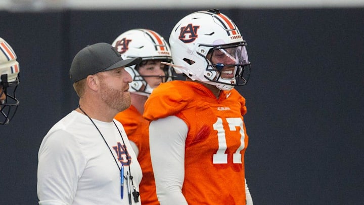Auburn Tigers head coach Alex Golesh watches on during practice at Woltosz Football Performance Center in Auburn, Ala. on Thursday, April 16, 2026.