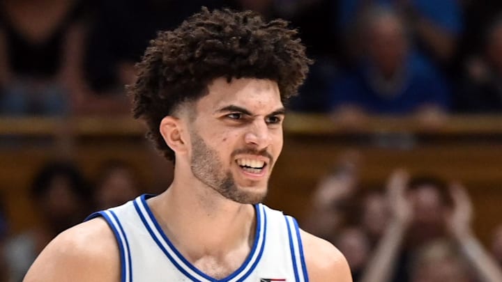 Jan 10, 2026; Durham, North Carolina, USA; Duke Blue Devils forward Cameron Boozer (12) reacts during the second half against the Southern Methodist Mustangs at Cameron Indoor Stadium. Mandatory Credit: Rob Kinnan-Imagn Images