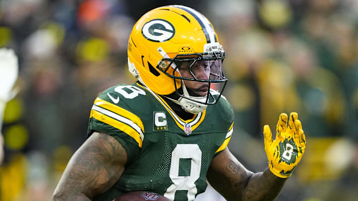 Dec 7, 2025; Green Bay, Wisconsin, USA; Green Bay Packers running back Josh Jacobs (8) during the game against the Chicago Bears at Lambeau Field. Mandatory Credit: Jeff Hanisch-Imagn Images Dec 7, 2025; Green Bay, Wisconsin, USA; Green Bay Packers running back Josh Jacobs (8) during the game against the Chicago Bears at Lambeau Field. Mandatory Credit: Jeff Hanisch-Imagn Images