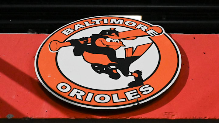 Sep 30, 2023; Baltimore, Maryland, USA; A detailed view of a Baltimore Orioles logo in the stands during the game against the Boston Red Sox  at Oriole Park at Camden Yards. Mandatory Credit: Tommy Gilligan-Imagn Images