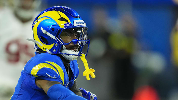 Oct 2, 2025; Inglewood, California, USA; Los Angeles Rams wide receiver Tutu Atwell (5) reacts against the San Francisco 49ers during the second half at SoFi Stadium. Mandatory Credit: Kirby Lee-Imagn Images