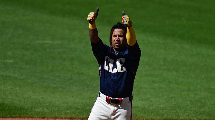 May 30, 2026; Cleveland, Ohio, USA; Cleveland Guardians third baseman Jose Ramirez (11) celebrates after hitting an RBI double during the first inning against the Boston Red Sox at Progressive Field. Mandatory Credit: David Dermer-Imagn Images