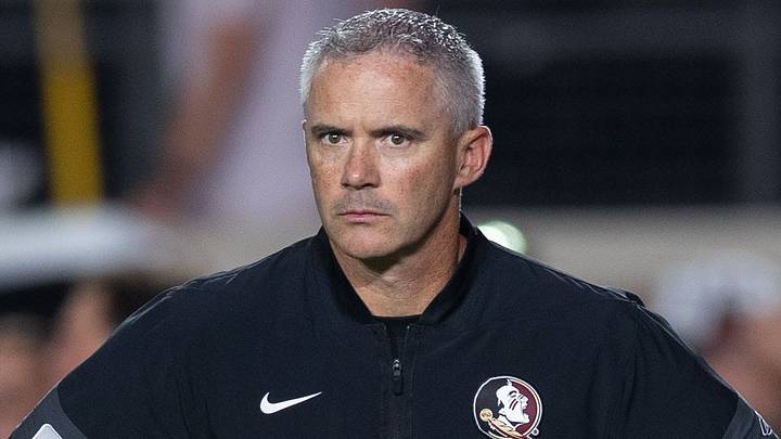 Florida State football coach Mike Norvell stands on the field during warmups before his team faced SMU at Doak Campbell Stadium on Monday, Sept. 7, 2026.