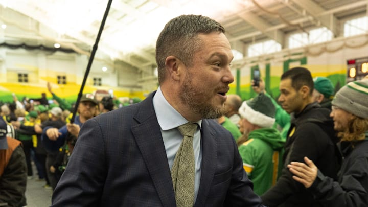 Oregon coach Dan Lanning greets fans at the Moshofsky Sports Center before the College Football Playoff game between Oregon and James Madison Dec. 20, 2025.