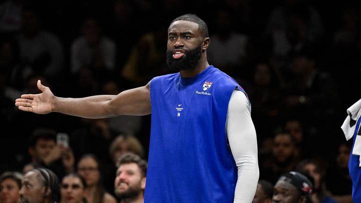 Philadelphia 76ers guard Jaylen Brown (7) reacts from the bench during the second half against the Brooklyn Nets at Barclays Center on Oct. 8, 2026. Philadelphia 76ers guard Jaylen Brown (7) reacts from the bench during the second half against the Brooklyn Nets at Barclays Center on Oct. 8, 2026.