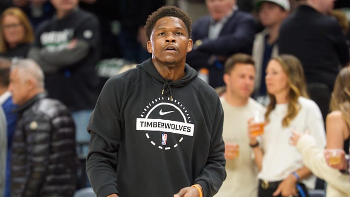 Apr 25, 2026; Minneapolis, Minnesota, USA; Minnesota Timberwolves guard Anthony Edwards (5) warms up before the game against the Denver Nuggets at Target Center. 