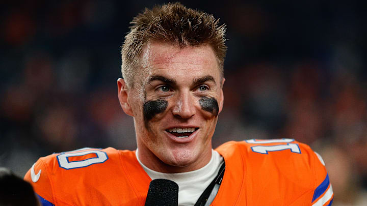 Nov 6, 2025; Denver, Colorado, USA; Denver Broncos quarterback Bo Nix (10) after the game against the Las Vegas Raiders at Empower Field at Mile High. Mandatory Credit: Isaiah J. Downing-Imagn Images