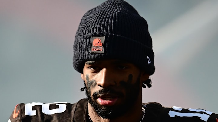 Dec 21, 2025; Cleveland, Ohio, USA;  Cleveland Browns quarterback Shedeur Sanders (12) is introduced prior to a game against the Buffalo Bills at Huntington Bank Field. Mandatory Credit: Ken Blaze-Imagn Images
