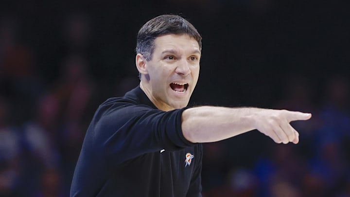 Oct 9, 2024; Oklahoma City, Oklahoma, USA; Oklahoma City Thunder head coach Mark Daigneault gestures to his team as they play against the Houston Rockets during the second half at Paycom Center. Mandatory Credit: Alonzo Adams-Imagn Images Oct 9, 2024; Oklahoma City, Oklahoma, USA; Oklahoma City Thunder head coach Mark Daigneault gestures to his team as they play against the Houston Rockets during the second half at Paycom Center. Mandatory Credit: Alonzo Adams-Imagn Images