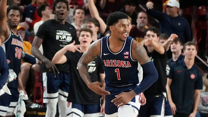 Arizona Wildcats guard Caleb Love (1) reacts after sinking a 3-point shot during a Big 12 men's basketball game against the Arizona State Sun Devils at Desert Financial Arena on Feb. 1, 2025, in Tempe.