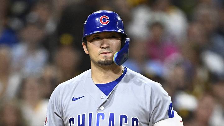Sep 29, 2026; San Diego, California, USA;  Chicago Cubs outfielder Seiya Suzuki (27) reacts after a strike against the San Diego Padres during the sixth inning during game one of the Wildcard round for the 2026 MLB Playoffs at Petco Park.  Mandatory Credit: Denis Poroy-Imagn Images