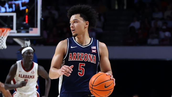 Dec 13, 2025; Birmingham, Alabama, USA; Arizona Wildcats guard Brayden Burries (5) dribbles down court during the second half against the Alabama Crimson Tide at Legacy Arena at BJCC. Mandatory Credit: David Leong-Imagn Images Dec 13, 2025; Birmingham, Alabama, USA; Arizona Wildcats guard Brayden Burries (5) dribbles down court during the second half against the Alabama Crimson Tide at Legacy Arena at BJCC. Mandatory Credit: David Leong-Imagn Images