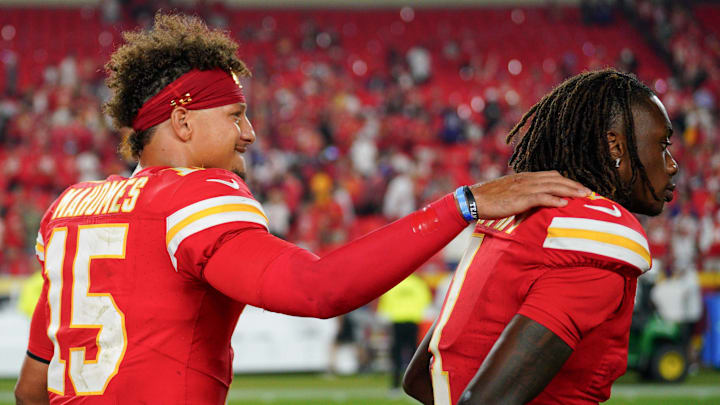 Sep 5, 2024; Kansas City, Missouri, USA; Kansas City Chiefs quarterback Patrick Mahomes (15) celebrates with wide receiver Xavier Worthy (1) after the win over the Baltimore Ravens at GEHA Field at Arrowhead Stadium. Mandatory Credit: Denny Medley-Imagn Images