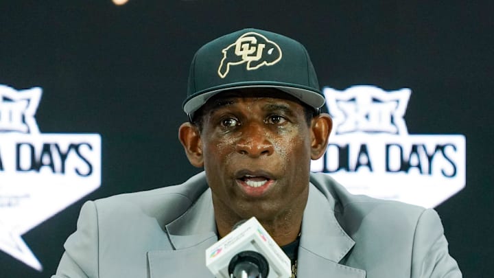 Jul 9, 2025; Frisco, TX, USA; Colorado head coach Deion Sanders speaks with the media during 2025 Big 12 Football Media Days at The Star. Mandatory Credit: Raymond Carlin III-Imagn Images