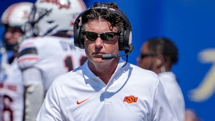 Oklahoma State head coach Mike Gundy walks off the field in the second half during an NCAA football game between Oklahoma State and Tulsa in Tulsa, Okla., on Saturday, Sept. 14, 2024.