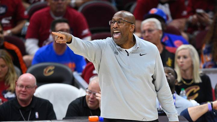 May 25, 2026; Cleveland, Ohio, USA; New York Knicks head coach Mike Brown reacts in the fourth quarter against the Cleveland Cavaliers during game four of the eastern conference finals for the 2026 NBA playoffs at Rocket Arena. Mandatory Credit: David Richard-Imagn Images